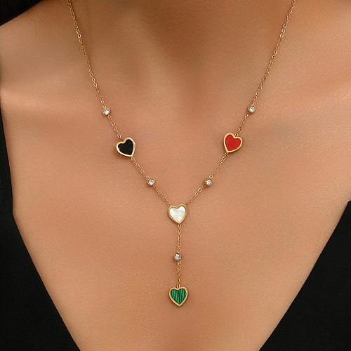 Wedding Simple Style Commute Heart Shape Stainless Steel  Plating Inlay Rhinestones Shell 18K Gold Plated Pendant Necklace
