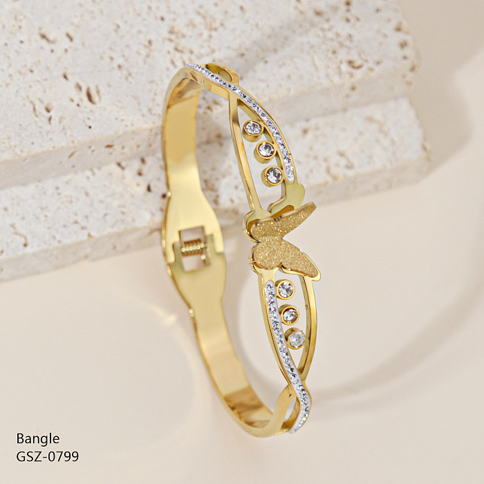 Estilo simples borboleta chapeamento de aço inoxidável inlay strass rosa banhado a ouro pulseira banhada a ouro
