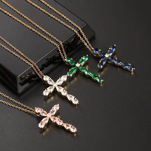 Simple Style Cross Stainless Steel  Plating Inlay Zircon 18K Gold Plated Silver Plated Pendant Necklace