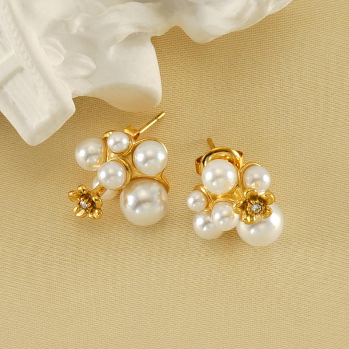 1 Pair Vintage Style Flower Polishing Plating Stainless Steel  Artificial Pearls 18K Gold Plated Ear Studs
