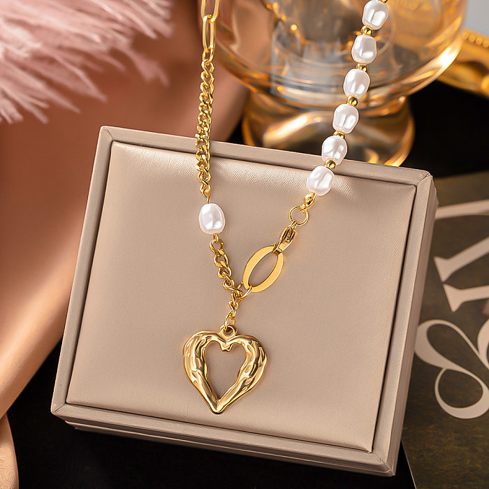Fashion Heart Shape Stainless Steel Beaded Plating Inlay Pearl Shell Pendant Necklace 1 Piece