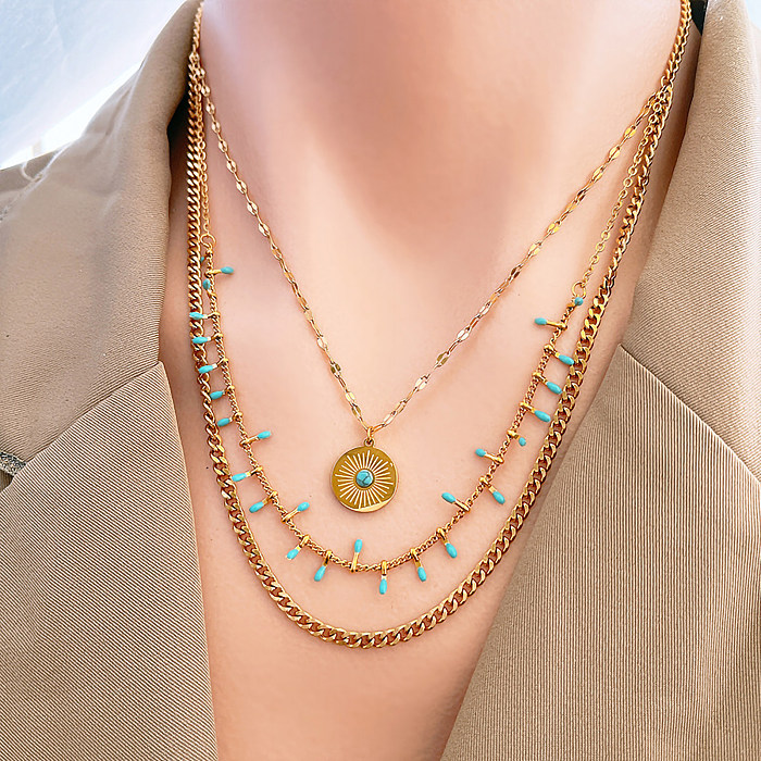 Übertriebene, runde, 18 Karat vergoldete, mehrschichtige Halsketten im Vintage-Stil mit Inlay aus Edelstahl