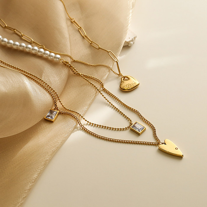 Basic Simple Style Streetwear Geometrische Herzform Edelstahlüberzug Inlay Zirkon 18K vergoldet Anhänger Halskette