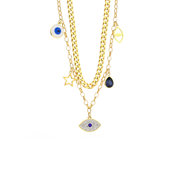 Simple Style Shiny Eye Stainless Steel  Plating Inlay Zircon 18K Gold Plated Double Layer Necklaces