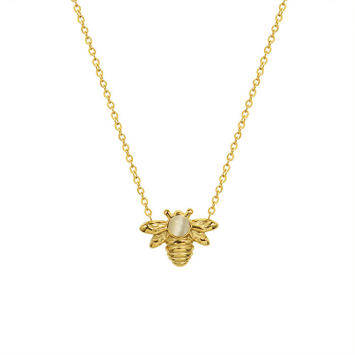 Simple Opal Small Bee Pendant Necklace Jewelry Stainless Steel Plated 18k Gold