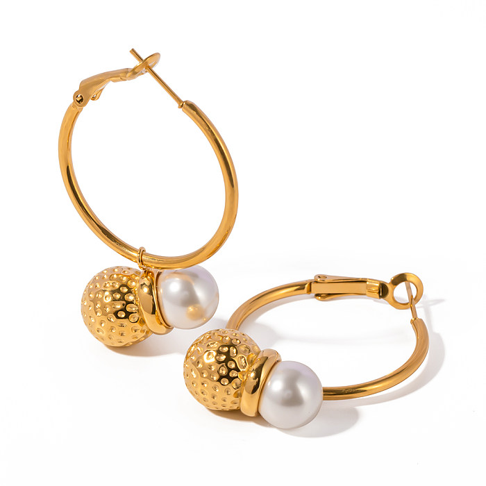 1 Pair IG Style Round Plating Inlay Stainless Steel  Pearl 18K Gold Plated Earrings