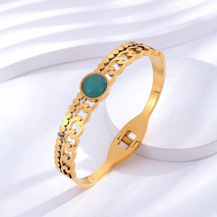 Simple Style Classic Style Human Round Number Titanium Steel Epoxy Plating Inlay Opal Zircon 24K Gold Plated Bangle