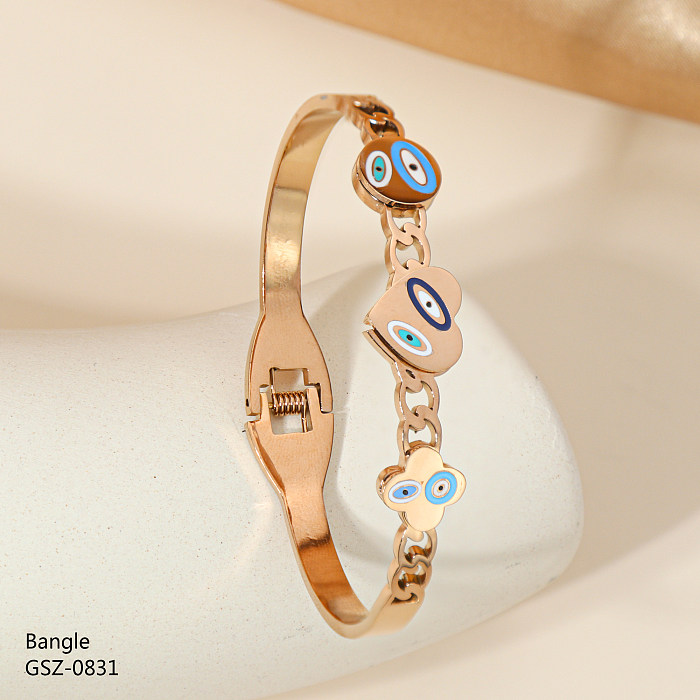 Retro Classic Style Four Leaf Clover Eye Stainless Steel Epoxy Plating Inlay Resin Rhinestones Zircon Rose Gold Plated Gold Plated Silver Plated Bangle