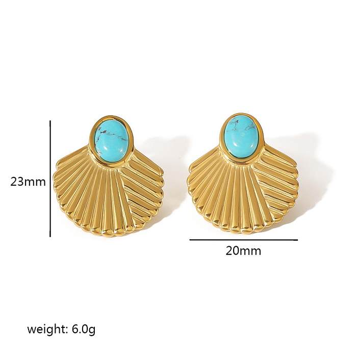 1 Pair Retro Round Polishing Plating Inlay Stainless Steel  Turquoise 18K Gold Plated Earrings