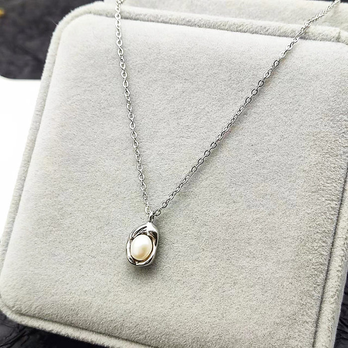 Lady Solid Color Stainless Steel Plating Inlay Freshwater Pearl Pendant Necklace