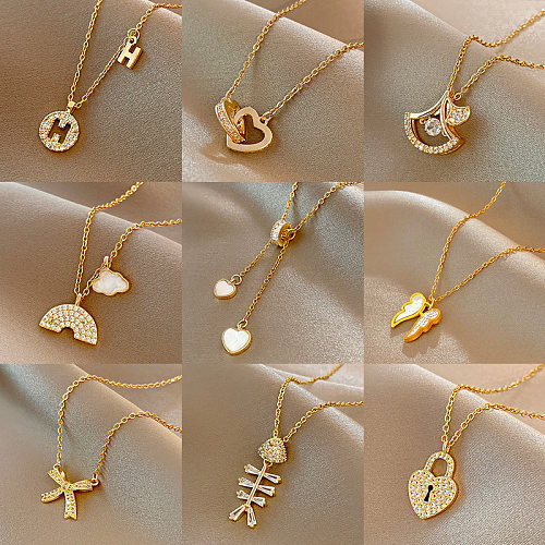Koreanischer koreanischer Stil, geometrischer Edelstahl, runder Diamant, Strass, Perle, Zirkon-Anhänger-Halskette