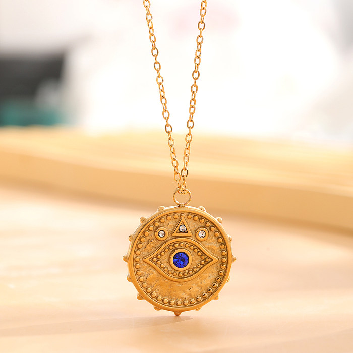 Retro Classic Style Sun Eye Stainless Steel Enamel Plating Inlay Rhinestones Gold Plated Necklace