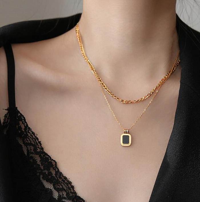 Fashion Black Square Double Layered Stainless Steel Necklace Wholesale