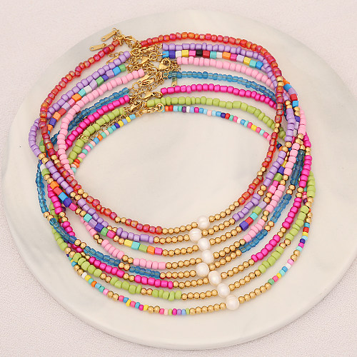 Casual Bohemian Multicolor Stainless Steel  Artificial Pearl Seed Bead Beaded Handmade Necklace