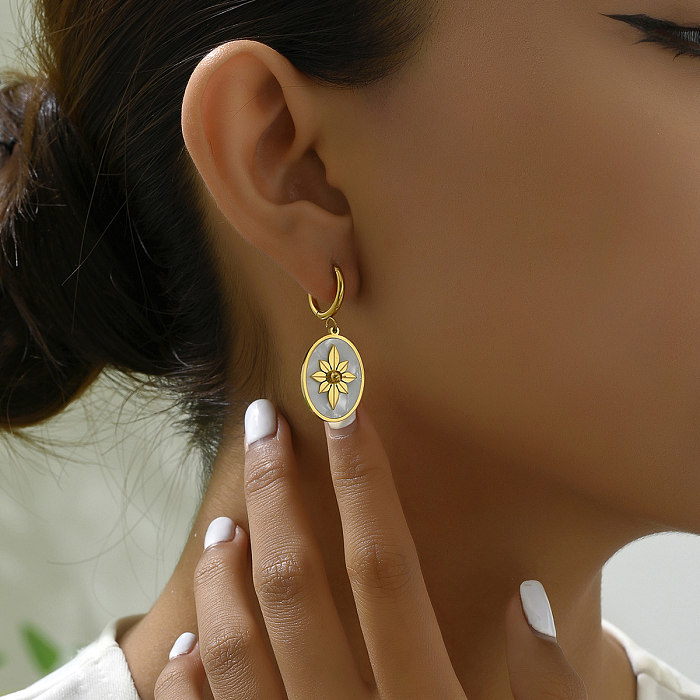 1 paire de boucles d'oreilles pendantes plaquées or 18 carats, Style français rétro, incrustation de fleurs, coque en acier inoxydable