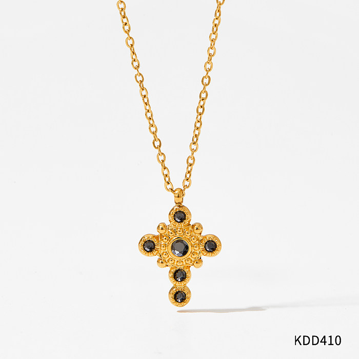 Collier pendentif décontracté Glam Cross en acier inoxydable avec incrustation de pierres précieuses plaquées or