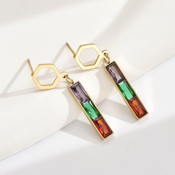 1 Pair Shiny Hexagon Stainless Steel  Plating Inlay Zircon 14K Gold Plated Drop Earrings