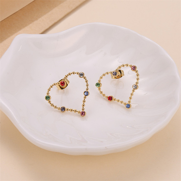 1 Pair Simple Style Heart Shape Heart Plating Inlay Stainless Steel  Zircon Gold Plated Ear Studs