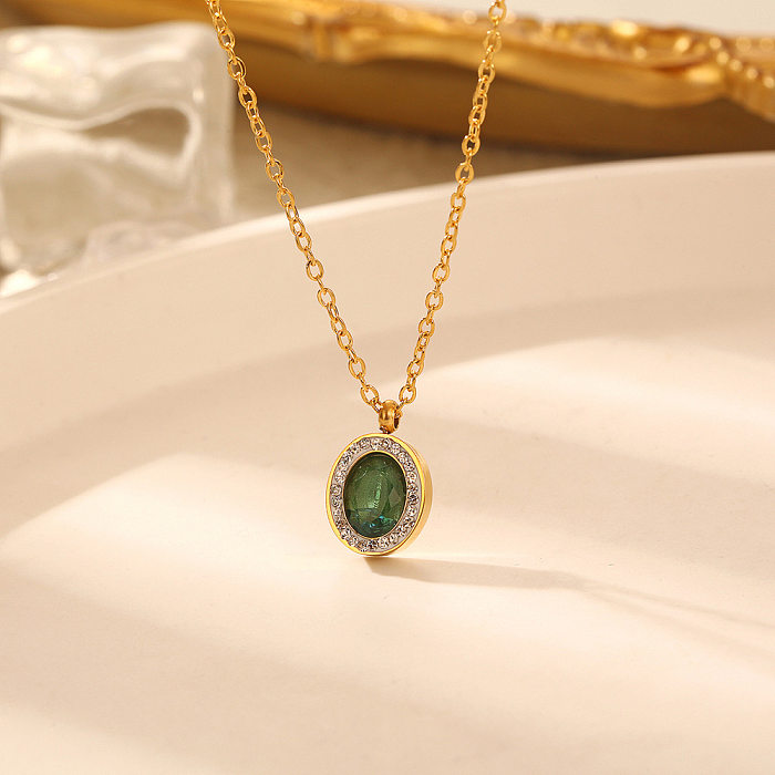 Collar con colgante de diamantes de imitación con gemas y incrustaciones de acero inoxidable ovalado de estilo simple informal