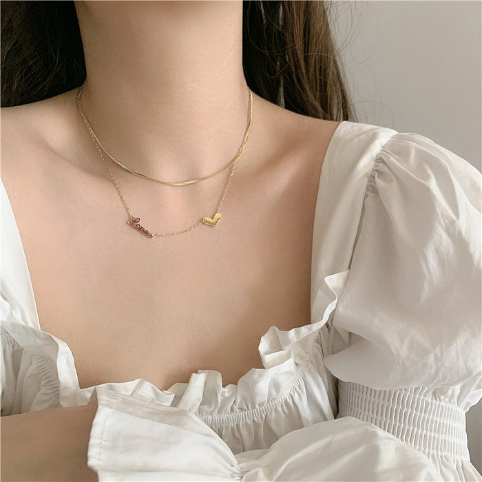 Korean Stainless Steel Gold-plated Double Layered With Love Letters Short Clavicle Chain Necklace Wholesale jewelry