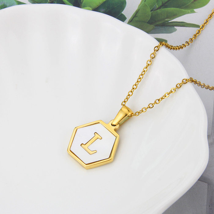 Wholesale Jewelry Simple Hexagonal White Shell 26 Letter Pendant Stainless Steel  Necklace jewelry