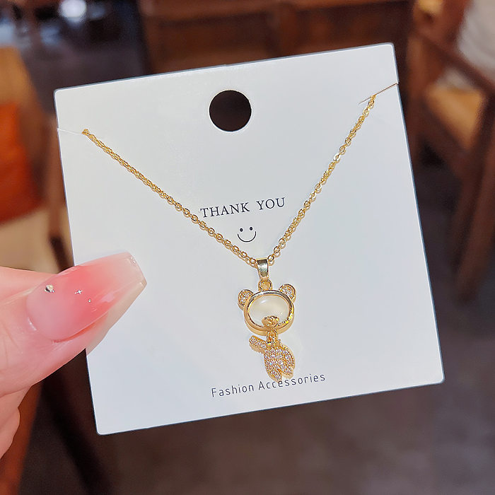 Cute Sweet Bear Stainless Steel Plating Inlay Opal Zircon Gold Plated Pendant Necklace