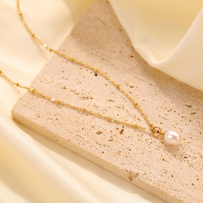 Collar chapado en oro con revestimiento de pulido de perlas de imitación de acero inoxidable redondo de estilo simple