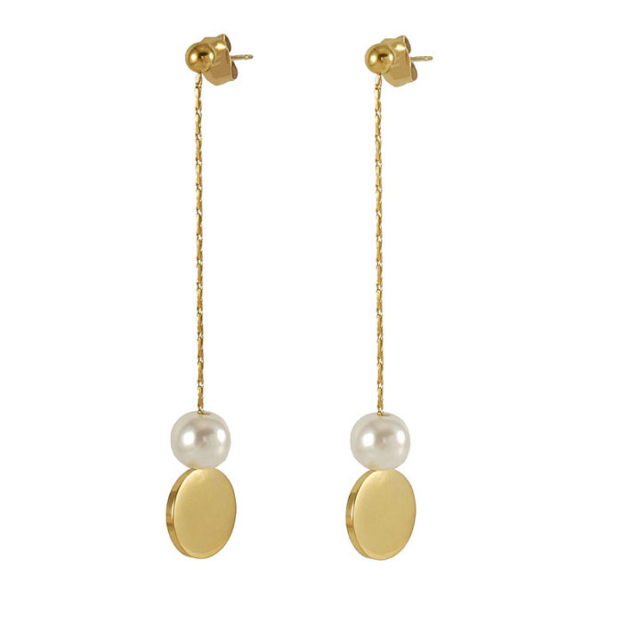 1 Paar elegante runde Edelstahl-Ohrringe mit künstlichen Perlen, 18 Karat vergoldet