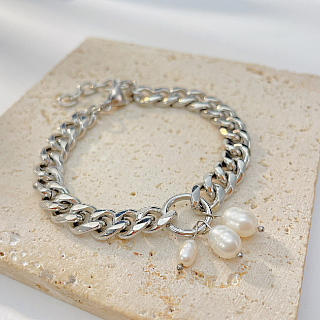 Pulseras de acero de titanio y acero inoxidable con perlas de estilo simple