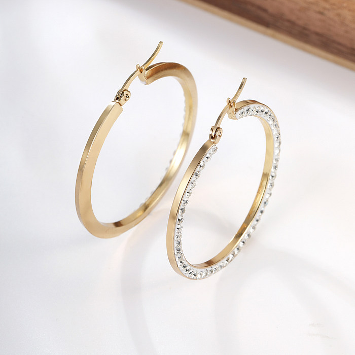 1 Pair Elegant Geometric Stainless Steel  Inlay Rhinestones Hoop Earrings