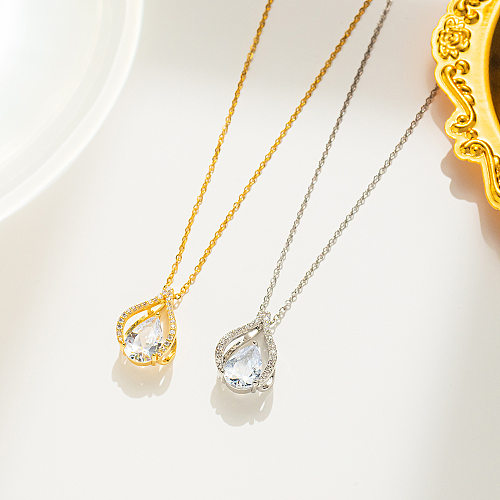 Basic Classic Style Water Droplets Stainless Steel Plating Inlay Zircon 18K Gold Plated Pendant Necklace