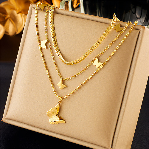 Collares en capas chapados en oro de 18K chapados en capas de acero inoxidable con mariposa de estilo coreano