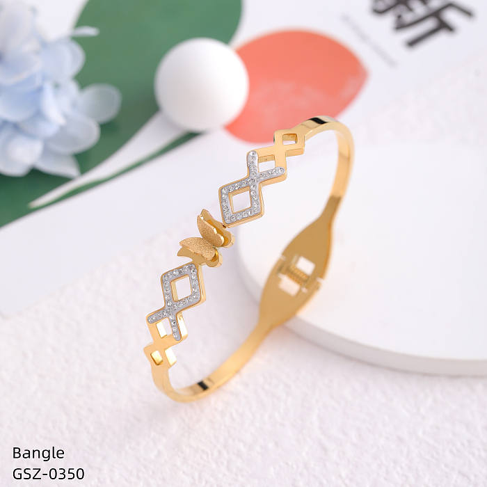 Retro Simple Style Geometric Butterfly Stainless Steel Plating Hollow Out Inlay Zircon Gold Plated Bangle