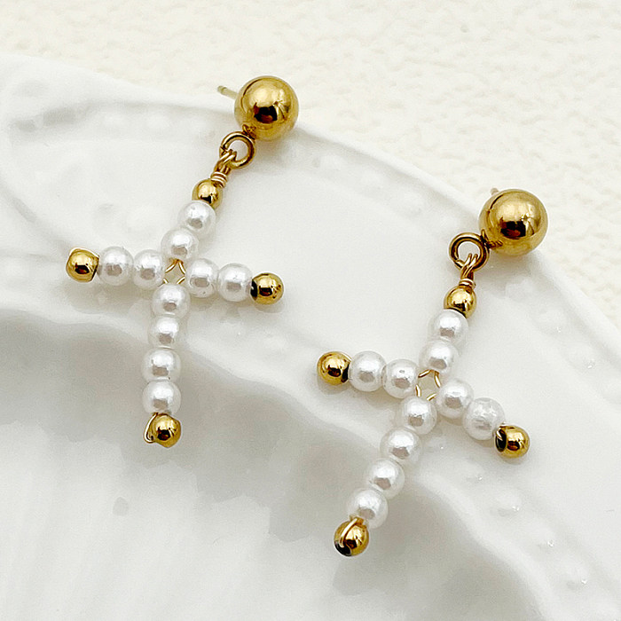 1 Pair Elegant Sweet Roman Style Cross Plating Stainless Steel  Gold Plated Drop Earrings