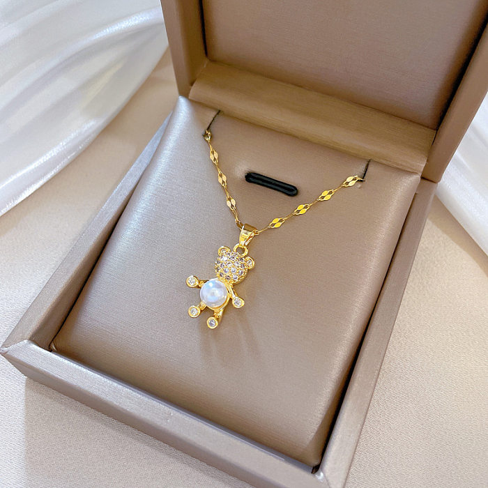 Fashion Bear Edelstahl-Kupfer-Inlay mit künstlichen Perlen und Zirkon-Anhänger-Halskette