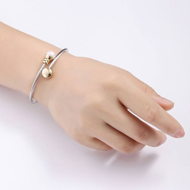 Simple Style Round Stainless Steel Copper Inlay Pearl Bangle