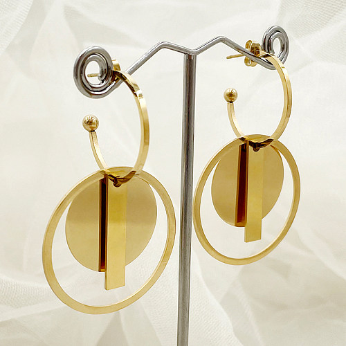 1 Paar lässige Retro-Ohrringe mit rundem Rechteck und Polierbeschichtung, aushöhlen, vergoldet, aus Edelstahl