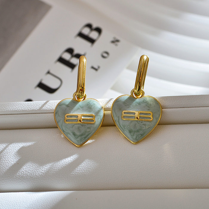 1 paire de boucles d'oreilles pendantes en acier inoxydable et émail en forme de cœur, Style Simple