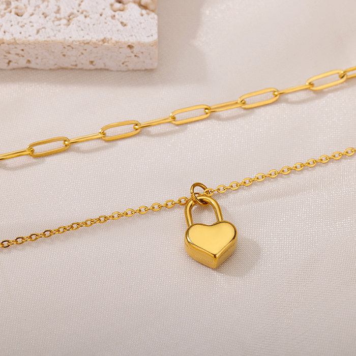 سلسلة بسيطة على شكل قلب من الفولاذ المقاوم للصدأ مطلية بالذهب عيار 18 قيراط بطبقة مزدوجة