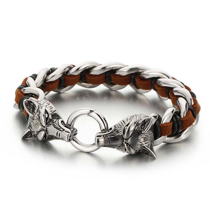 Moda animal lobo pulseira de trança de couro de aço inoxidável 1 peça