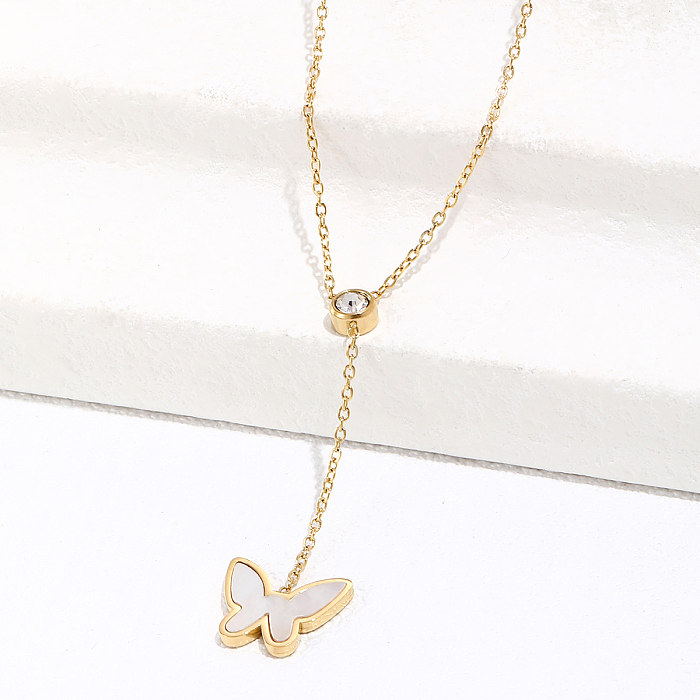 Fashion White Butterfly Pendant Inlay Rhinestone Stainless Steel  Clavicle Necklace