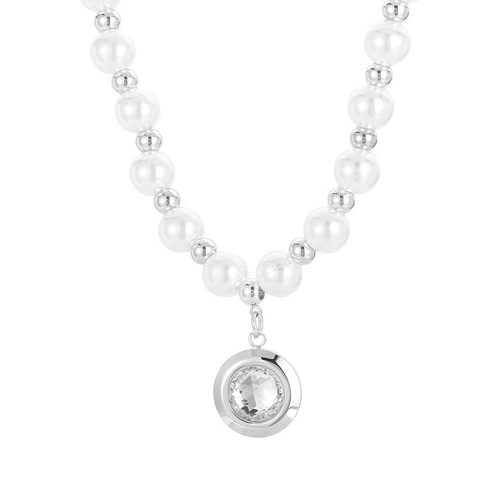 1 Piece Retro Round Stainless Steel  Imitation Pearl Plating Inlay Artificial Diamond Pendant Necklace