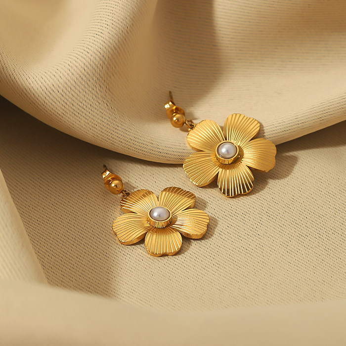 Boucles d'oreilles pendantes en acier inoxydable, 1 paire, Style Vintage, incrustation de fleurs, perles artificielles, plaqué or 18 carats