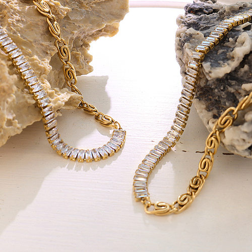 Light Luxury Zircon Splicing Necklace Bracelet Set Stainless Steel 18K Real Gold Plated Jewelry