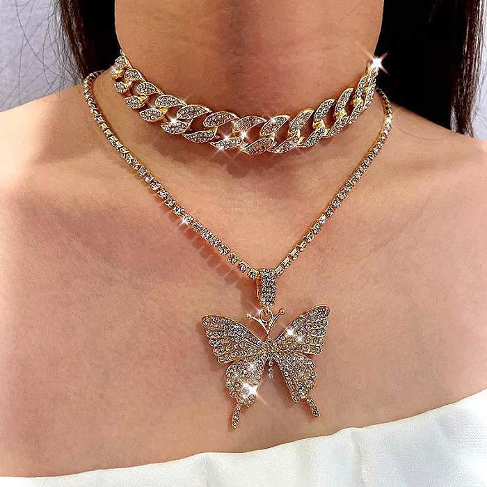 Estilo clássico borboleta chapeamento de aço inoxidável incrustação de pedras preciosas artificiais colares em camadas