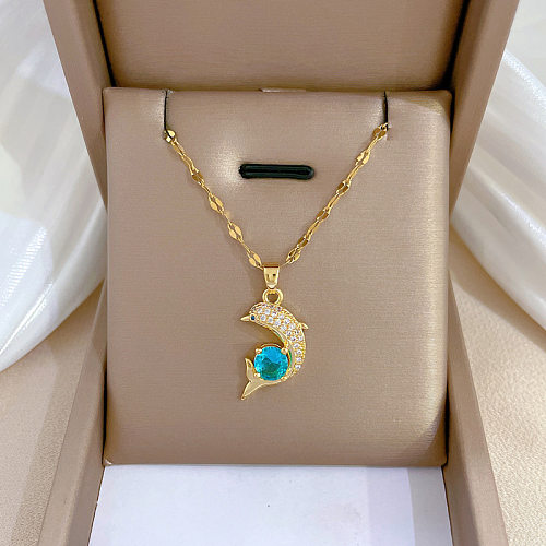 Fashion Dolphin Stainless Steel Copper Plating Inlay Zircon Pendant Necklace