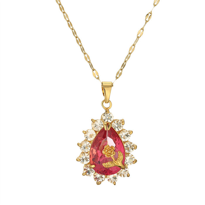 Elegante glam gotas de água rosa aço inoxidável cobre chapeamento inlay zircão banhado a ouro pingente colar