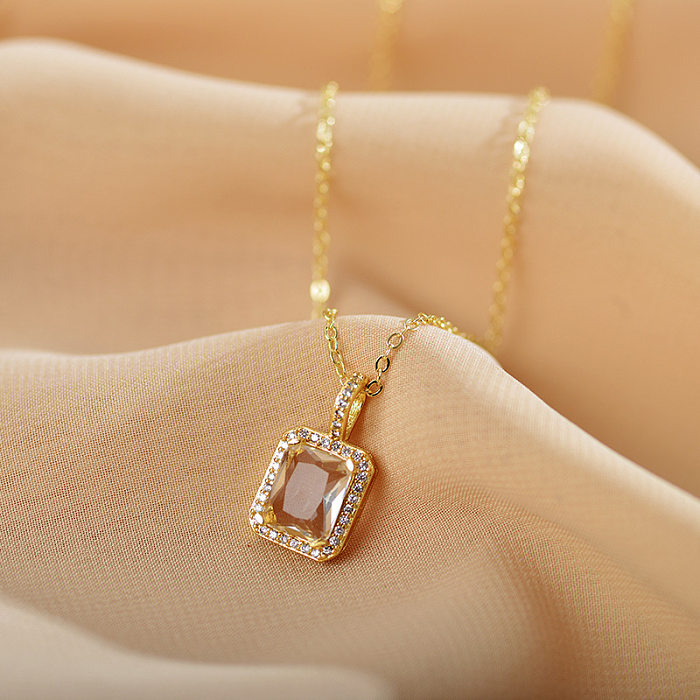 Fashion Square Stainless Steel Gold Plated Zircon Pendant Necklace 1 Piece