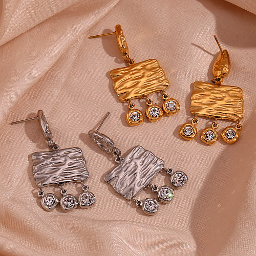 1 paire de boucles d'oreilles pendantes, Style classique, rond, carré, incrustation plissée, en acier inoxydable, Zircon plaqué or 18 carats