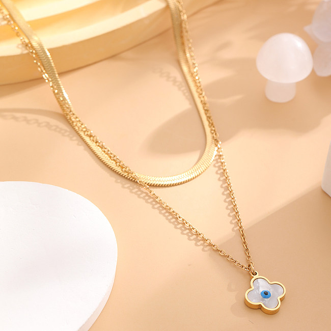 Retro Classic Style Eye Flower Butterfly Stainless Steel  Plating Inlay Shell Gold Plated Double Layer Necklaces